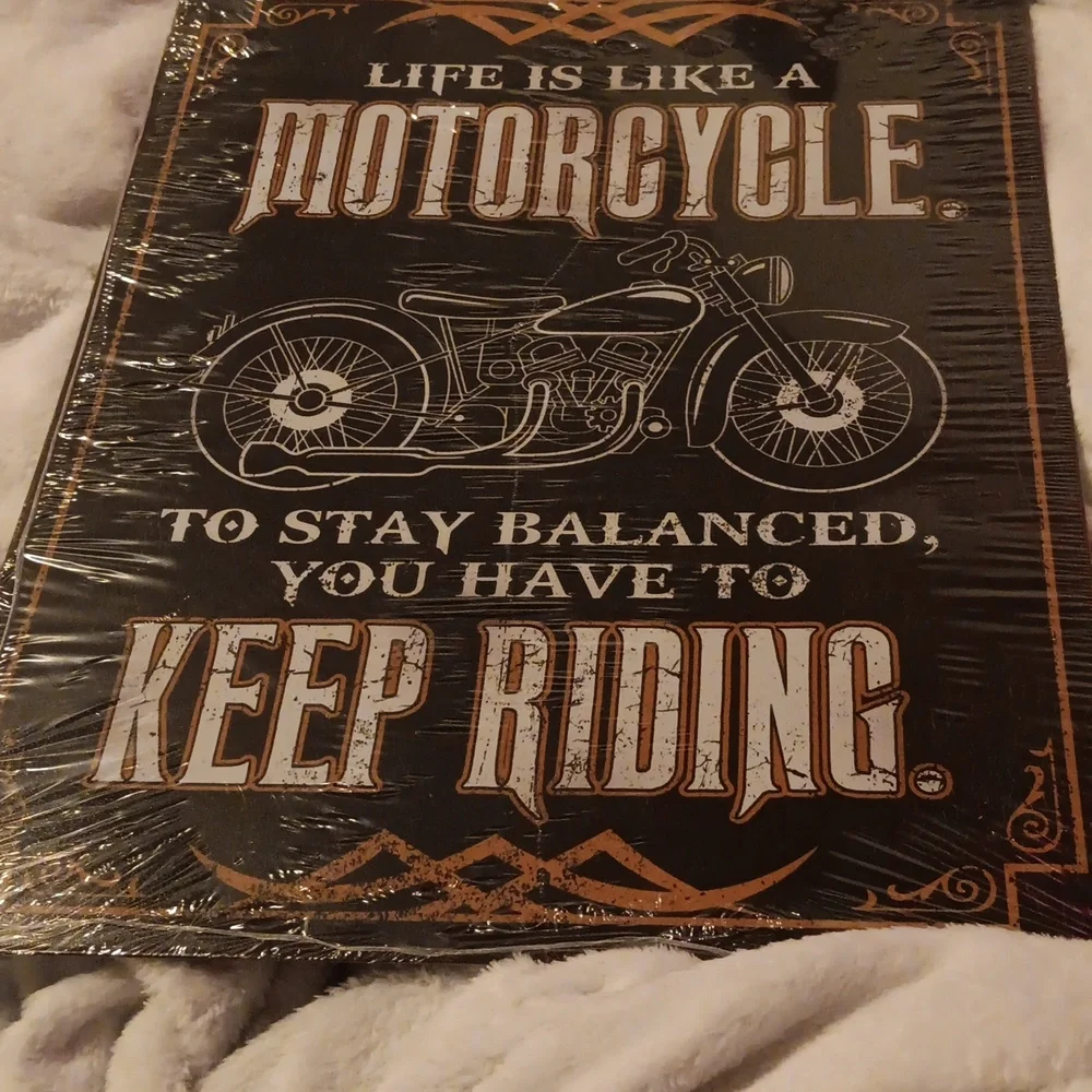 Motorcycle Metal Sign in black, white & orange 16